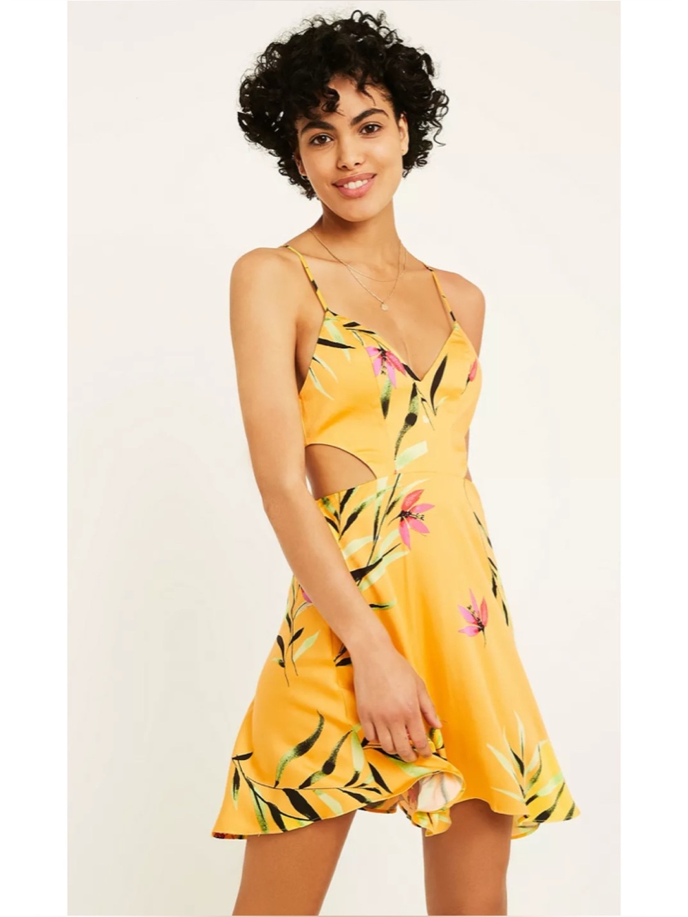 •SOLD• Urban Outfitters Yellow Tropical Floral Print Cut Out Mini Dress - Picture 2 of 16